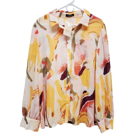 Abstract Yellow Print Womens Button-Up Blouse XXL Long Sleeve Lightweight Top - Picture 1 of 8